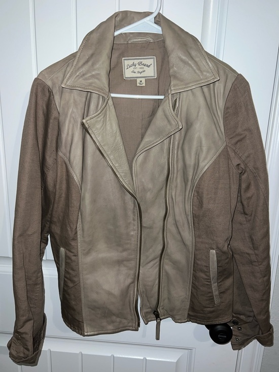 Lucky Brand Jackets & Blazers - Lucky Brand Taupe and Brown Linen & Leather Moto Jacket size M